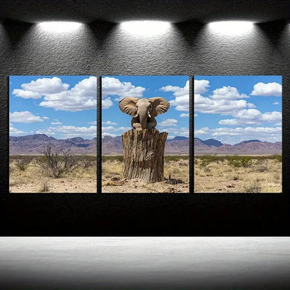 3pcs Elephant on Tree Trunk Illustration Metal Print Ready to Hang Art