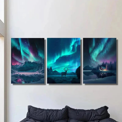 3pcs Arctic Night Scene with Auroras And Deer, Metal Print Ready to Hang Art