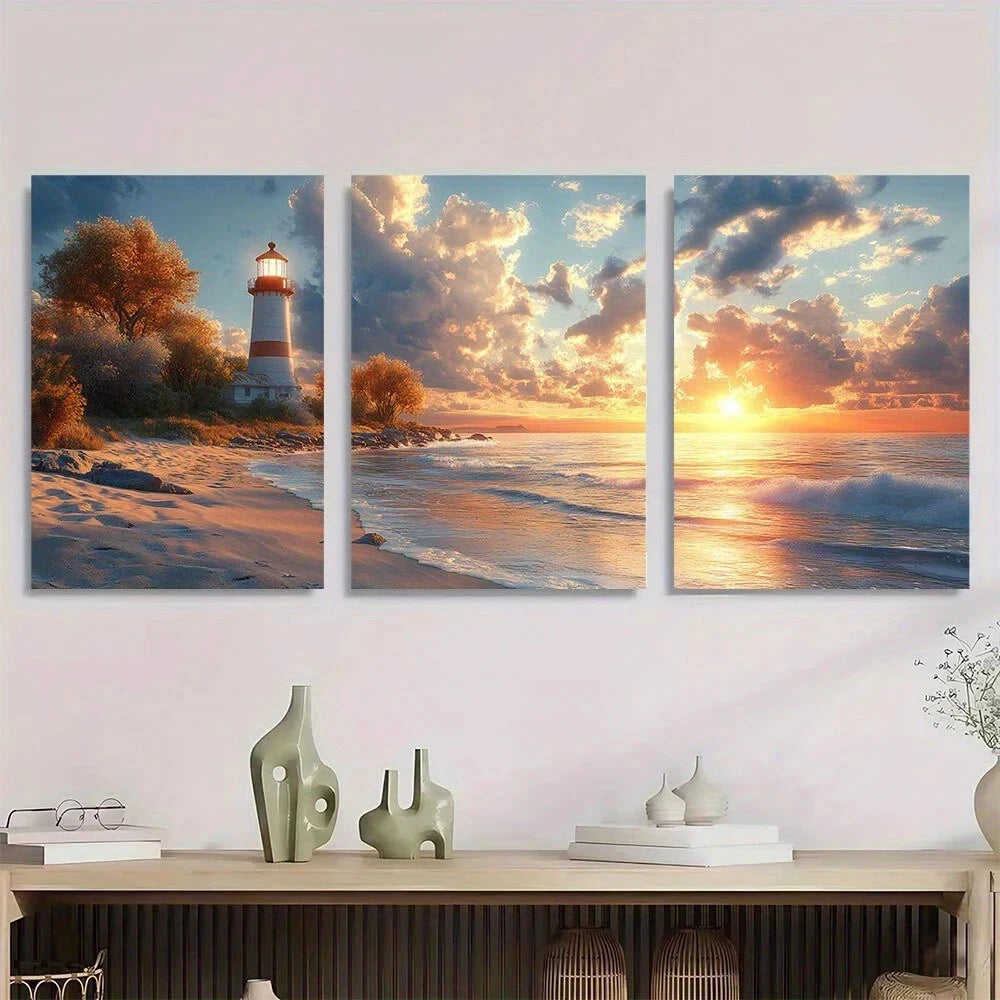 3pcs Coastal Lighthouse & Beach Sunset Metal Print Ready to Hang Art