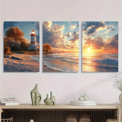 3pcs Coastal Lighthouse & Beach Sunset Metal Print Ready to Hang Art