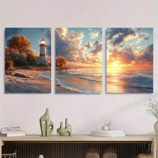 3pcs Coastal Lighthouse & Beach Sunset Metal Print Ready to Hang Art