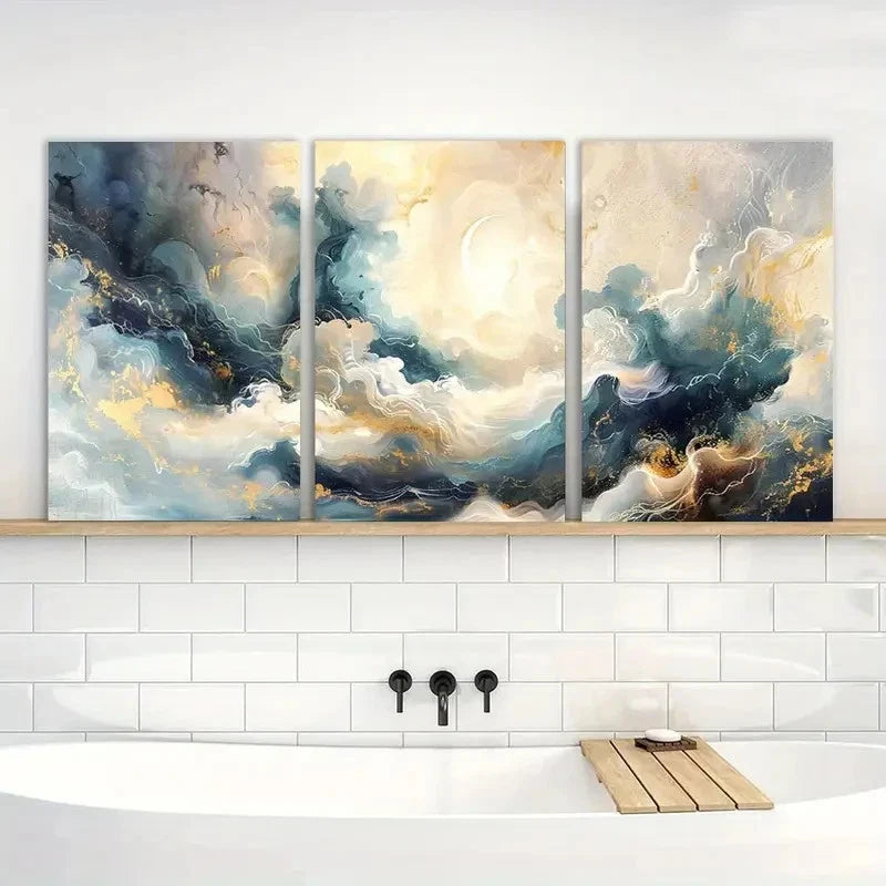 3pcs Abstract Vibrant Blue & Golden Sky Designs Metal Print Ready to Hang Art