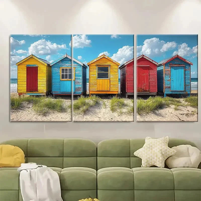3pcs Vibrant Melbourne Beach Huts Metal Print Ready to Hang Art