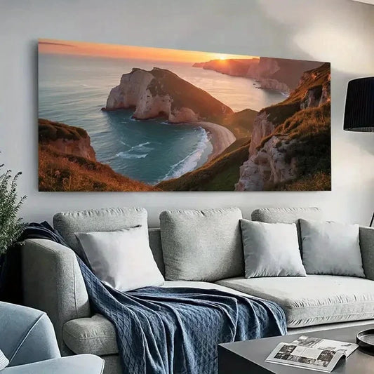 Sunset Vibrant Cliffs Sea wall canvas office home room framed 120x60cm - Bella Home Decor