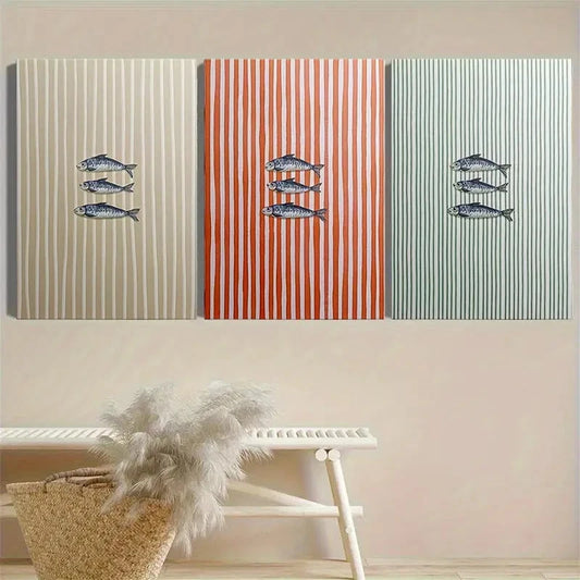 3pcs Rosemary Sage & Coral Stripes Watercolor Metal Print Ready to Hang Art