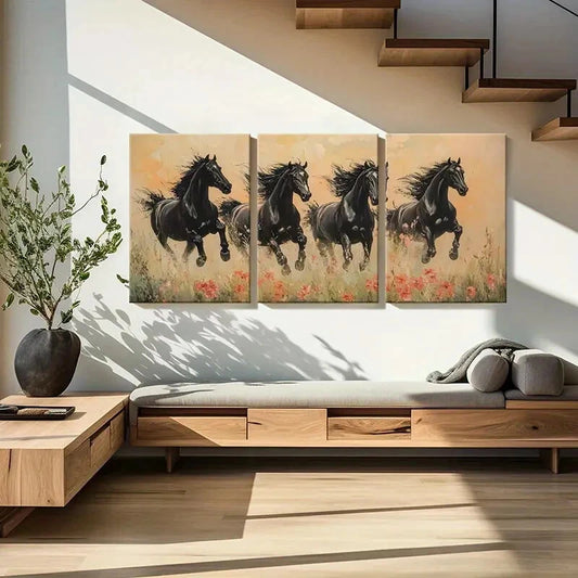 3pcs Black Horses Running Floral Field Abstract Metal Print Ready to Hang Art