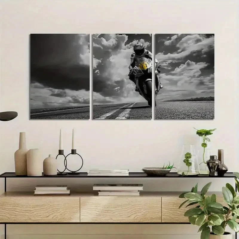 3pcs Black & White Motor Cyclist Art Painting Metal Print Ready to Hang Art