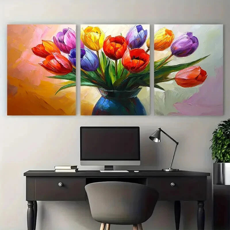 3pcs Vibrant Tulips in Blue Vase Illustration Metal Print Ready to Hang Art