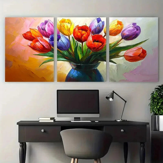 3pcs Vibrant Tulips in Blue Vase Illustration Metal Print Ready to Hang Art