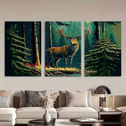 3pcs Red Deer Forest Canvas Wall Art Set Metal Print Ready to Hang Art