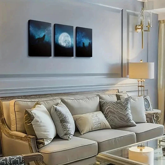 3pcs Wolf Howling at the Moon Blue Tones Night Wall Art Set Canvas Framed 40x60cm - High Quality Print 100% Australian Made Wall Canvas Ready to Hang