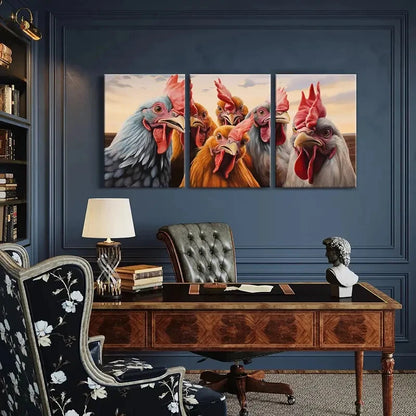 3pcs Roosters Colorful Feathers Sunset Sky Metal Print Ready to Hang Art