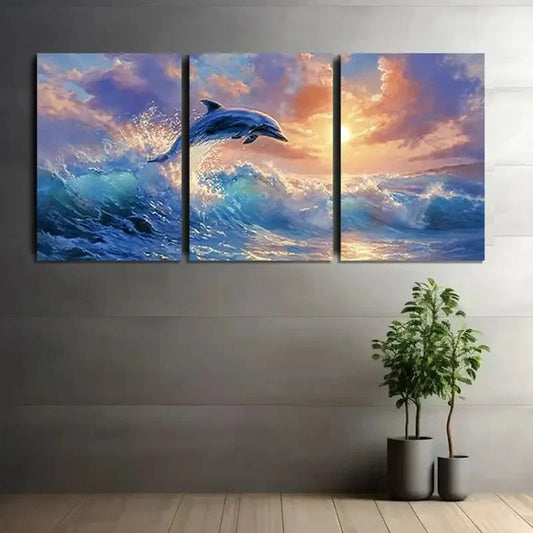 3pcs Dolphin Leaping from Water Painting Metal Print Ready to Hang Art