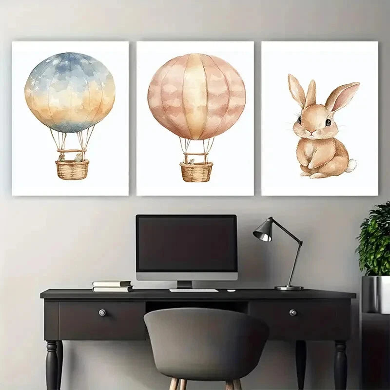 3pcs Cute Bunny Hot Air Balloon Nursery Design Metal Print Ready to Hang Art