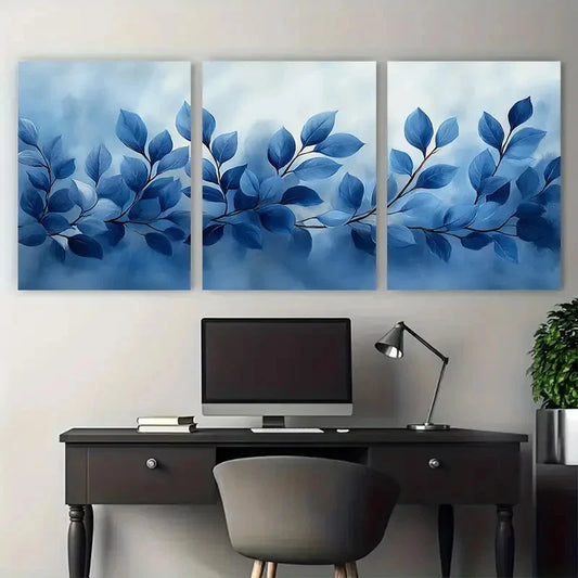 3pcs Floral Foliage Cool Toned Grey Blue Design Wall Art Set Canvas Framed 50x70cm - High Quality Print 100% Australian Made Wall Canvas Ready to Hang