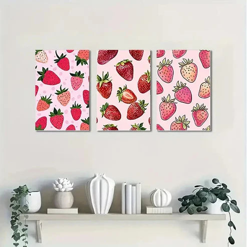 3pcs Strawberry Themed Kitchen Dorm Wall Art Set Canvas Unframed - High Quality Print 100% Australian Made Wall Canvas