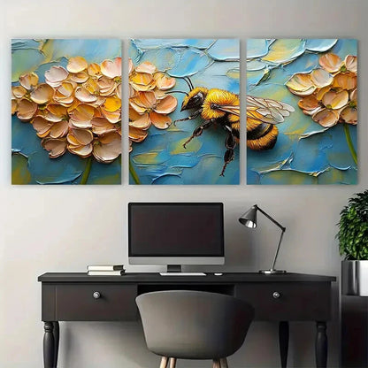 3pcs Vibrant Bee & Clover Flowers Meadow Scene Metal Print Ready to Hang Art