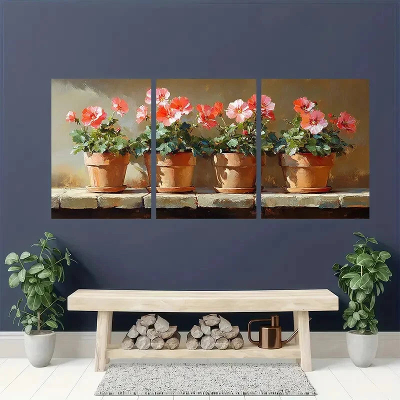 3pcs Featuring Geranium Oil Painting Metal Print Ready to Hang Art
