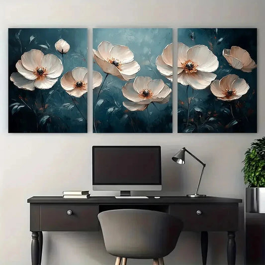 3pcs White Floral Abstract Modern Textured Metal Print Ready to Hang Art