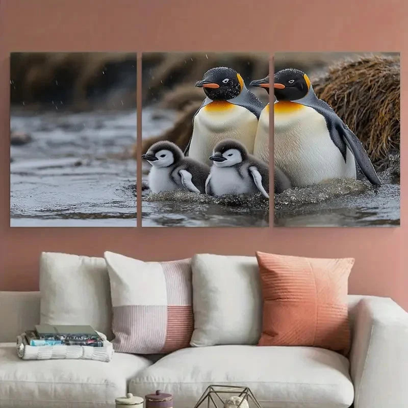 3pcs King Penguin Falkland Island Fluffy Chicks Metal Print Ready to Hang Art