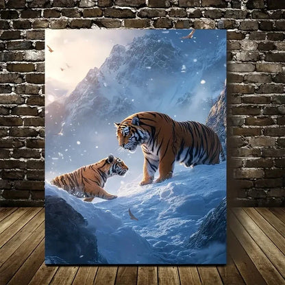 Dreamlike Tiger Scene on Snowy Mountain Painting 40x60cm Metal Print Ready to Hang