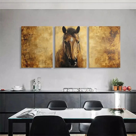 3pcs Horse Portrait Golden Brown Tones Perfect Wall Art Set Canvas Framed 40x60cm - High Quality Print 100% Australian Made Wall Canvas Ready to Hang