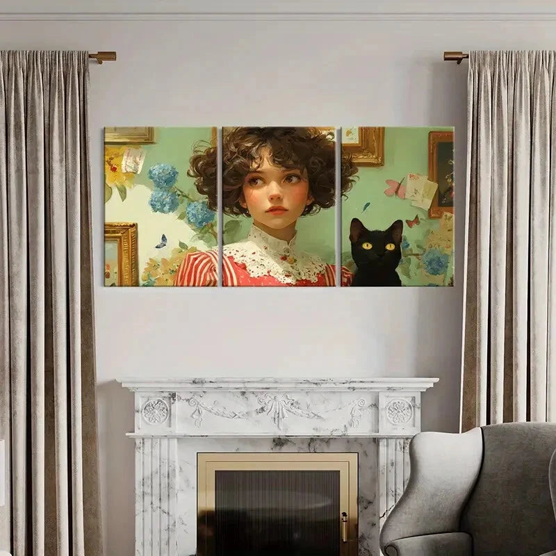 3pcs Vintage Floral Girl Portrait with Black Cat Metal Print Ready to Hang Art