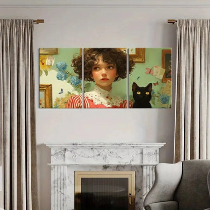3pcs Vintage Floral Girl Portrait with Black Cat Metal Print Ready to Hang Art