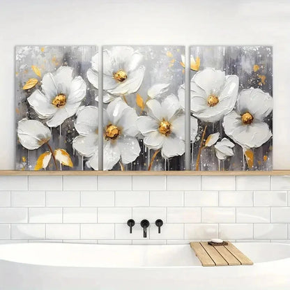 3pcs Painting White Flowers Wall Art Metal Print Ready to Hang Art