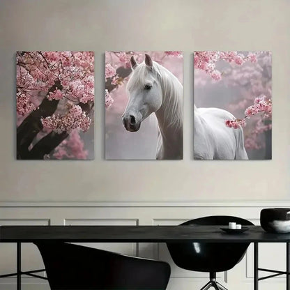 3pcs White Horse Under Cherry Blossom Tree Metal Print Ready to Hang Art