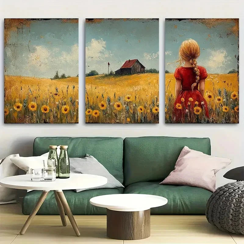 3pcs Little Girl in Sunflower Field Metal Print Ready to Hang Art