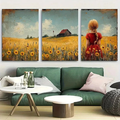 3pcs Little Girl in Sunflower Field Metal Print Ready to Hang Art