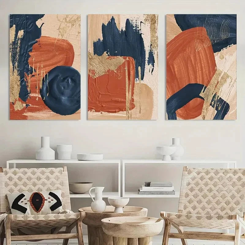 3pcs Terracotta Navy Blue and Orange Wall Decor Metal Print Ready to Hang Art
