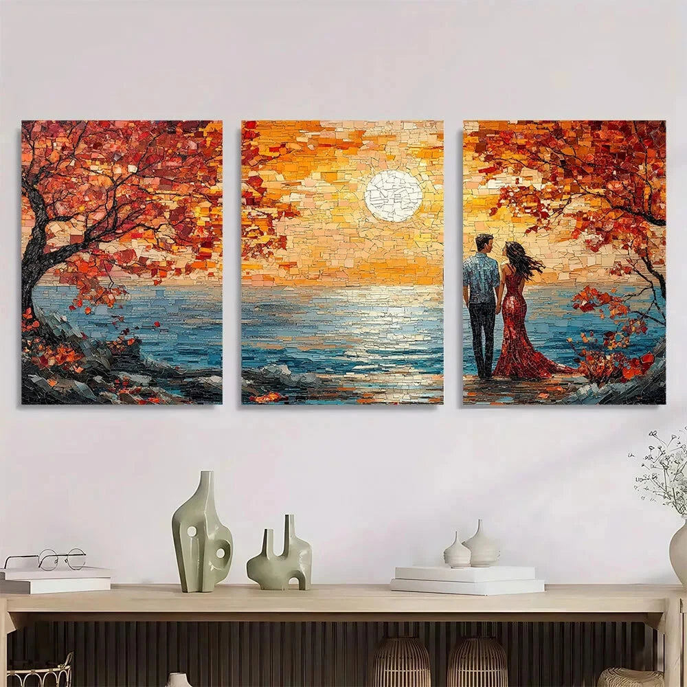 3pcs Romantic Sunset Vibrant Autumn Metal Print Ready to Hang Art
