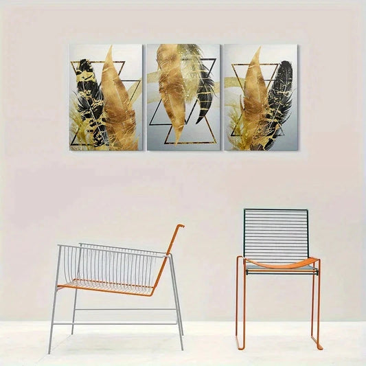 3pcs Abstract Golden Black Feather Metal Print Ready to Hang Art