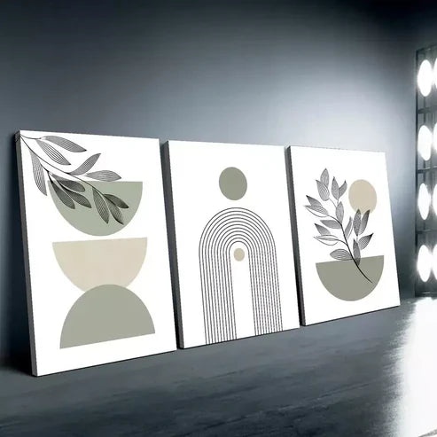 3pcs Boho Chic Sage Green Modern Abstract Geometric Designs Canvas Framed 60x90cm - High Quality Print 100% Australian Made Wall Canvas Ready to Hang