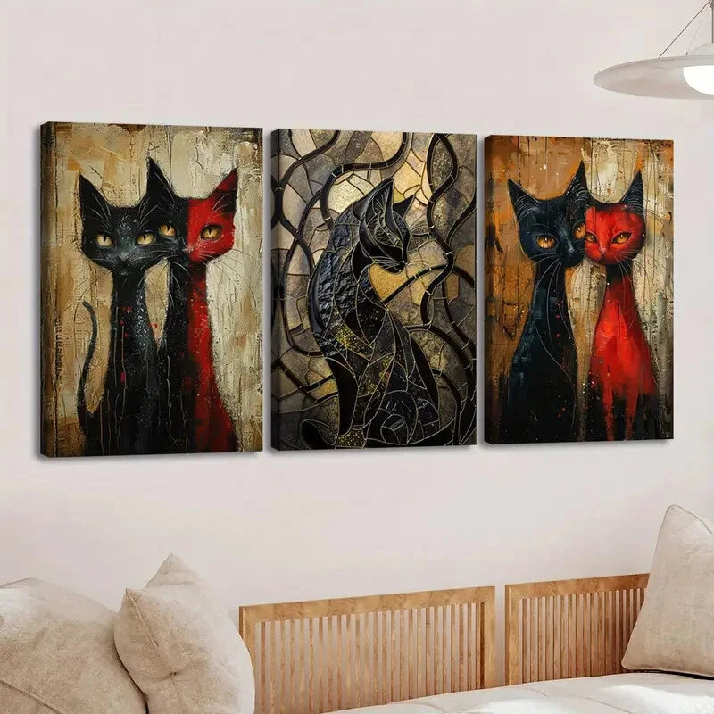 3pcs Various Animals Cats Black Red Black Lines Wall Art Set Canvas Framed 40x60cm - High Quality Print 100% Australian Made Wall Canvas Ready to Hang