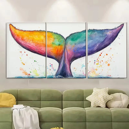 3pcs Vibrant Rainbow Whale Tail Watercolor Metal Print Ready to Hang Art