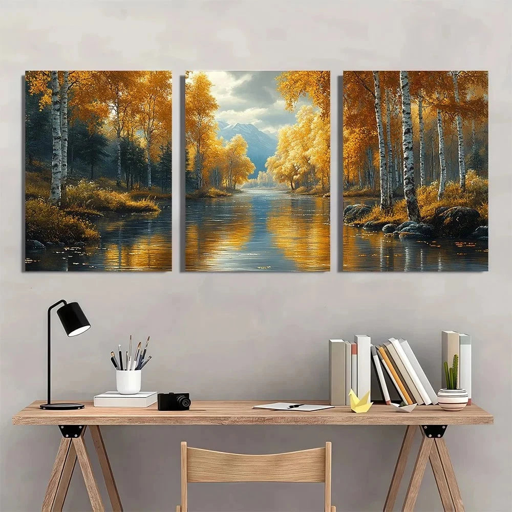 3pcs Forest River Birch Trees Metal Print Ready to Hang Art