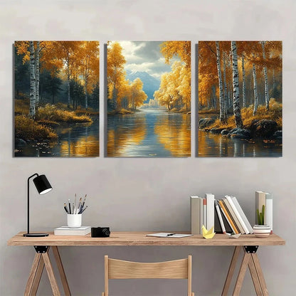3pcs Forest River Birch Trees Metal Print Ready to Hang Art