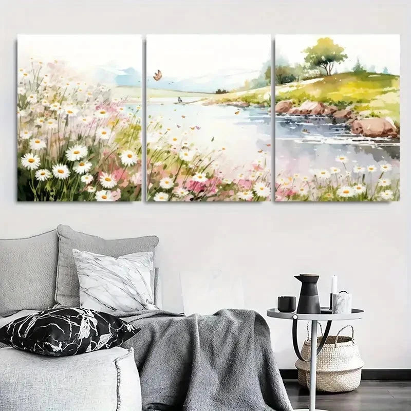 3pcs Serene Daisy Lakeside Meadow Wall Art Set Canvas Framed 40x60cm - High Quality Print 100% Australian Made Wall Canvas Ready to Hang