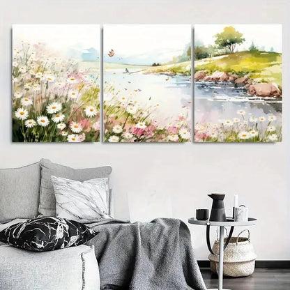 3pcs Serene Daisy Lakeside Meadow Wall Art Set Canvas Framed 40x60cm - High Quality Print 100% Australian Made Wall Canvas Ready to Hang