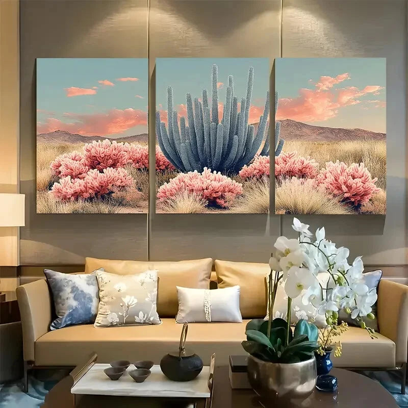 3pcs Boho Cactus Pink & Beige Desert Metal Print Ready to Hang Art