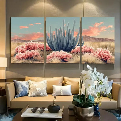 3pcs Boho Cactus Pink & Beige Desert Metal Print Ready to Hang Art