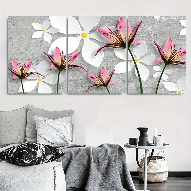 3pcs Pink Lily & White Floral Abstract Metal Print Ready to Hang Art