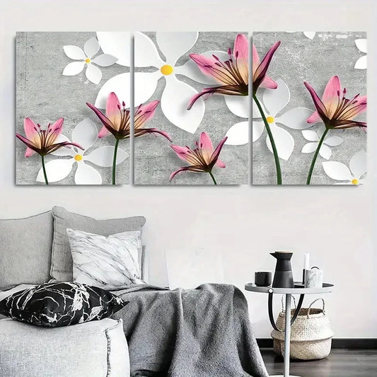 3pcs Pink Lily & White Floral Abstract Metal Print Ready to Hang Art
