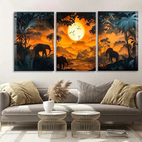 3pcs Majestic Elephants Sunset Safari Perfect Wall Art Canvas Unframed - High Quality Print 100% Australian Made Wall Canvas