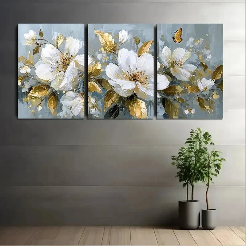 3pcs Golden Butterfly And Leaves Wall Art Set Canvas Framed 50x70cm - High Quality Print 100% Australian Made Wall Canvas Ready to Hang