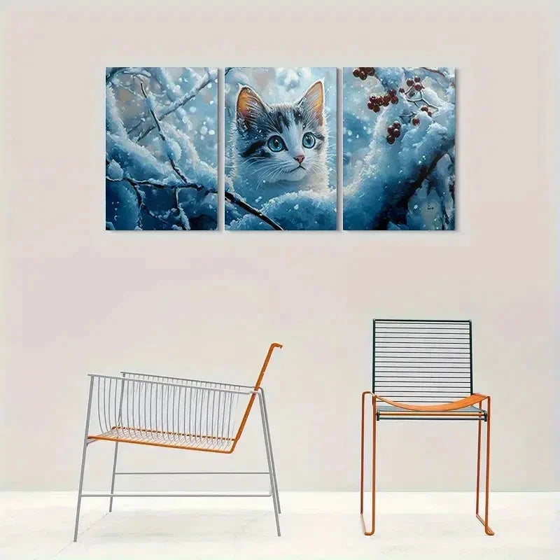 3pcs Adorable Kitten and Snowy Branches Metal Print Ready to Hang Art