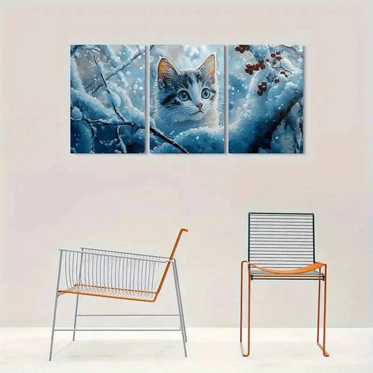 3pcs Adorable Kitten and Snowy Branches Metal Print Ready to Hang Art